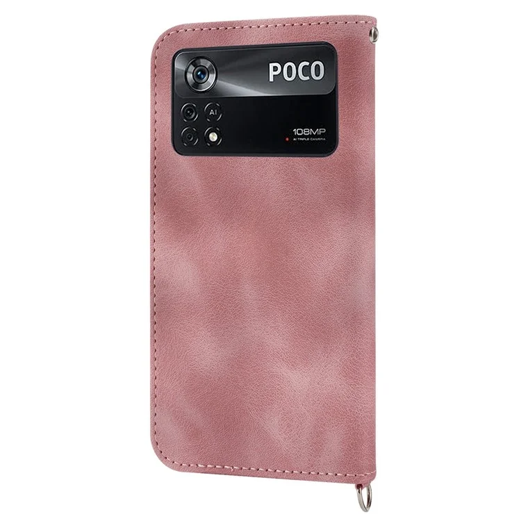 PU Leder Flip Phone Hülle Für Xiaomi Poco X4 Pro 5G, Eingeprägte Blumen Mehrere Kartensteckplätze Haut-touch-anti-drogen-smartphone-deckungs-brieftasche Mit Trägern - Rosa