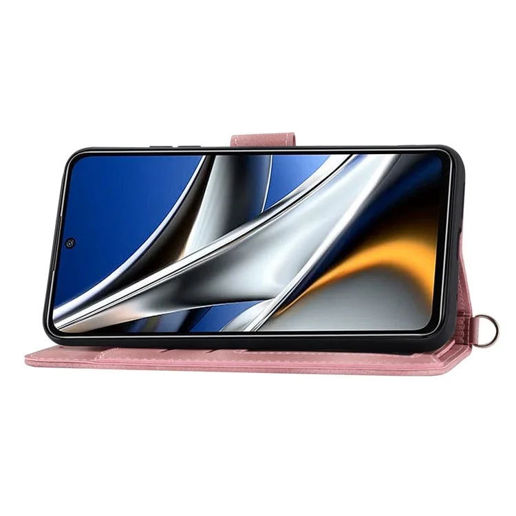 PU Leder Flip Phone Hülle Für Xiaomi Poco X4 Pro 5G, Eingeprägte Blumen Mehrere Kartensteckplätze Haut-touch-anti-drogen-smartphone-deckungs-brieftasche Mit Trägern - Rosa