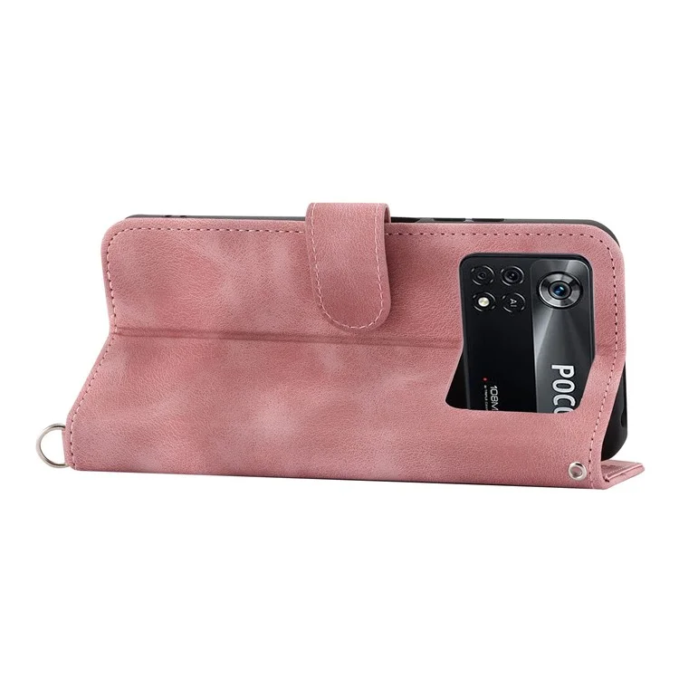 PU Leder Flip Phone Hülle Für Xiaomi Poco X4 Pro 5G, Eingeprägte Blumen Mehrere Kartensteckplätze Haut-touch-anti-drogen-smartphone-deckungs-brieftasche Mit Trägern - Rosa
