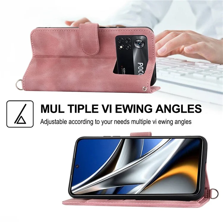 PU Leder Flip Phone Hülle Für Xiaomi Poco X4 Pro 5G, Eingeprägte Blumen Mehrere Kartensteckplätze Haut-touch-anti-drogen-smartphone-deckungs-brieftasche Mit Trägern - Rosa
