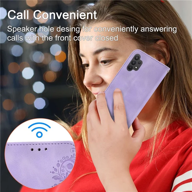 Für Samsung Galaxy A32 5G / M32 5G Eingeprägte Blumen Anti-fall-telefon Hülle Hauttouch Pu-leder-brieftasche Mehrere Karten-slots Smartphone-abdeckung Mit Zwei Trägern - Helles Lila