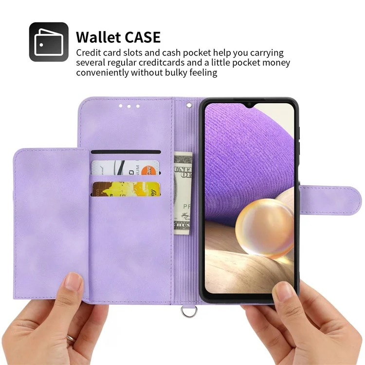 Drop-proof Phone Case für Samsung Galaxy A32 4G (EU-Version), Skin-touch geprägte Blumenmuster Mehrfachkartenslots Standfunktion Brieftasche Handyhülle mit Handschlaufe und Schultergurt - Helllila
