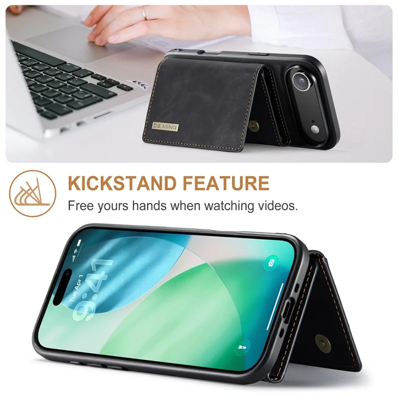 DG.MING Série M1 pour Étui d'iPhone 17 avec Support et Portefeuille Détachable en Cuir PU - Noir