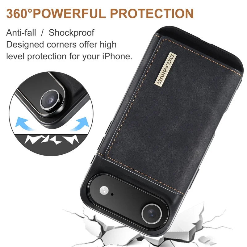 DG.MING Série M1 pour Étui d'iPhone 17 avec Support et Portefeuille Détachable en Cuir PU - Noir