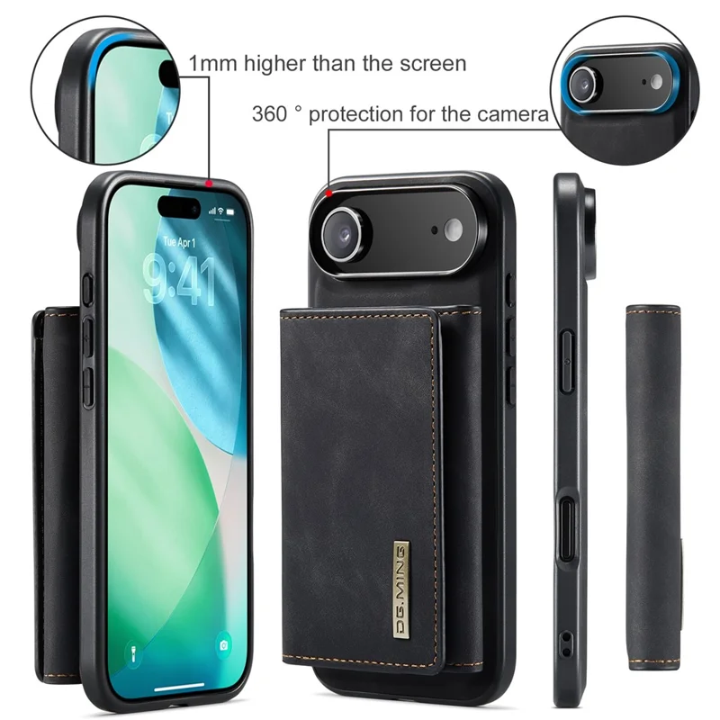 DG.MING Série M1 pour Étui d'iPhone 17 avec Support et Portefeuille Détachable en Cuir PU - Noir