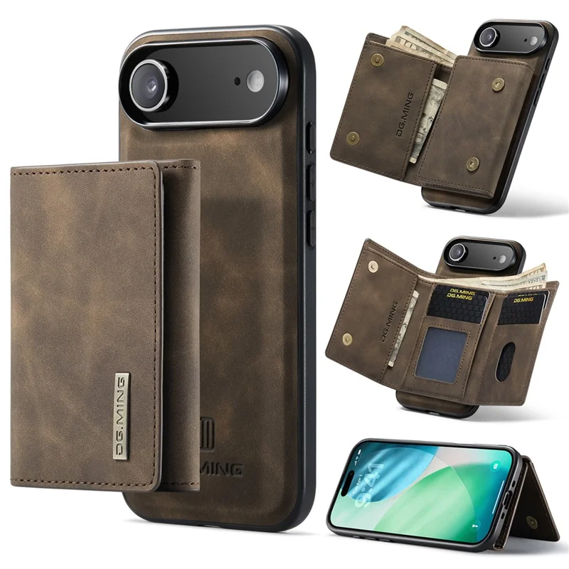 DG.MING M1 Series for iPhone Air Case Kickstand PU Phone Cover with Detachable Wallet - Coffee