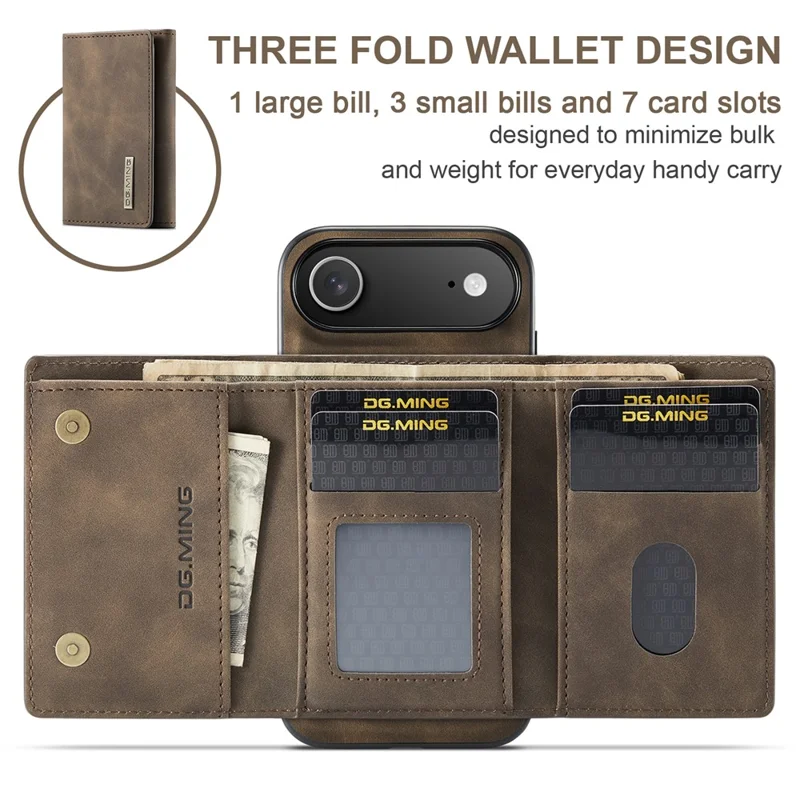 DG.MING M1 Series for iPhone Air Case Kickstand PU Phone Cover with Detachable Wallet - Coffee