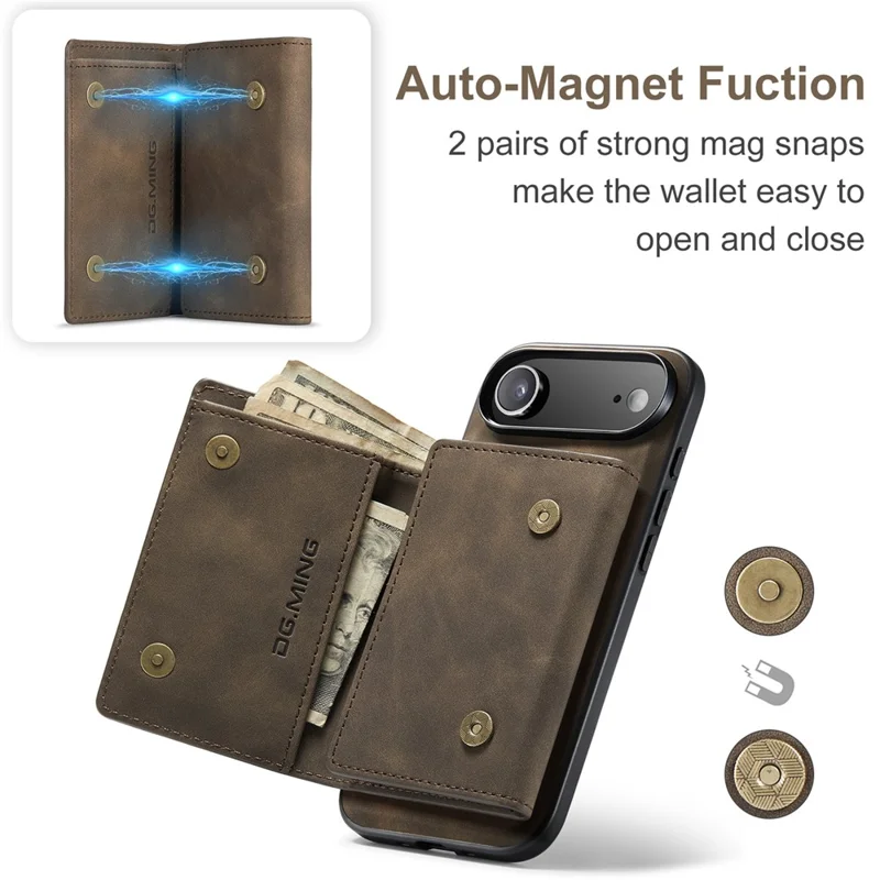 DG.MING M1 Series for iPhone Air Case Kickstand PU Phone Cover with Detachable Wallet - Coffee