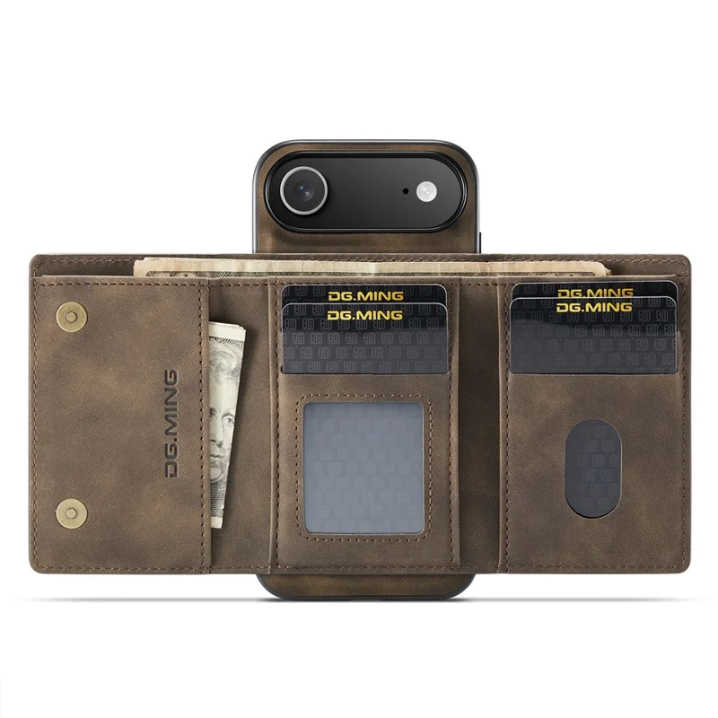 DG.MING M1 Series for iPhone Air Case Kickstand PU Phone Cover with Detachable Wallet - Coffee