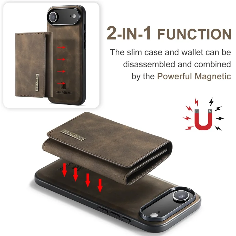 DG.MING M1 Series for iPhone Air Case Kickstand PU Phone Cover with Detachable Wallet - Coffee