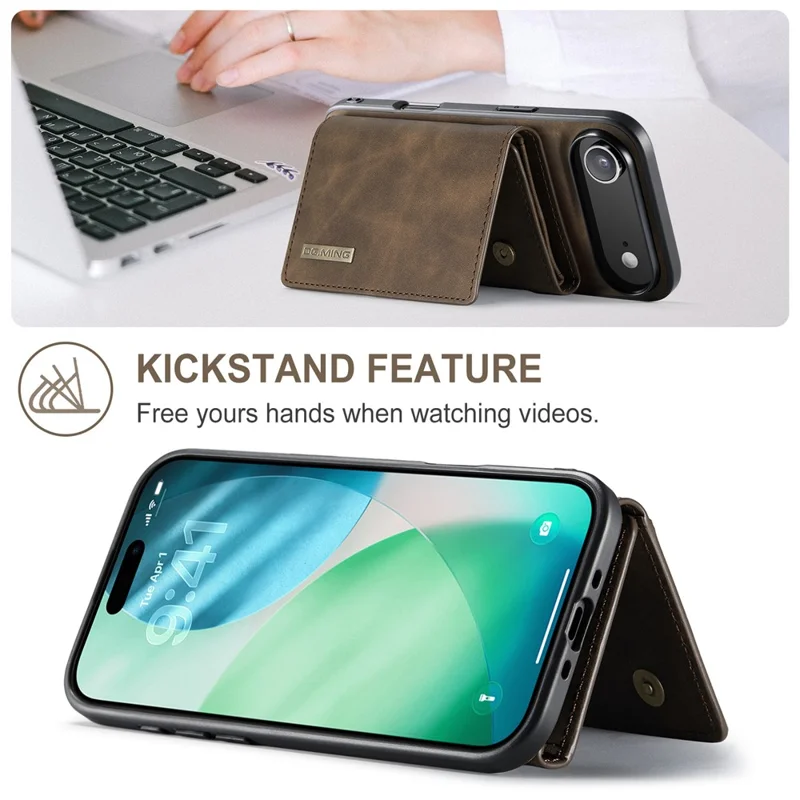 DG.MING M1 Series for iPhone Air Case Kickstand PU Phone Cover with Detachable Wallet - Coffee