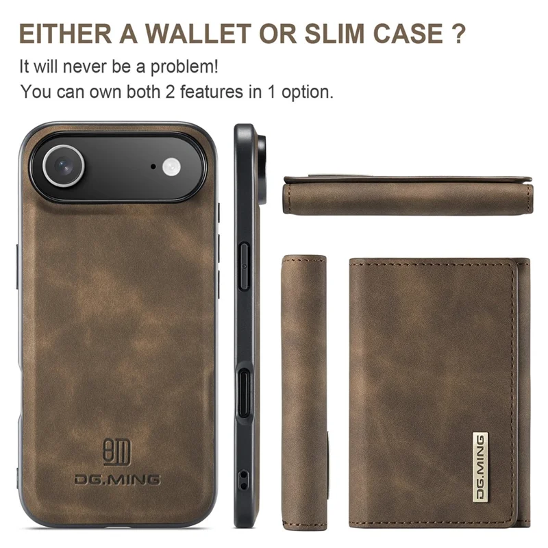 DG.MING M1 Series for iPhone Air Case Kickstand PU Phone Cover with Detachable Wallet - Coffee
