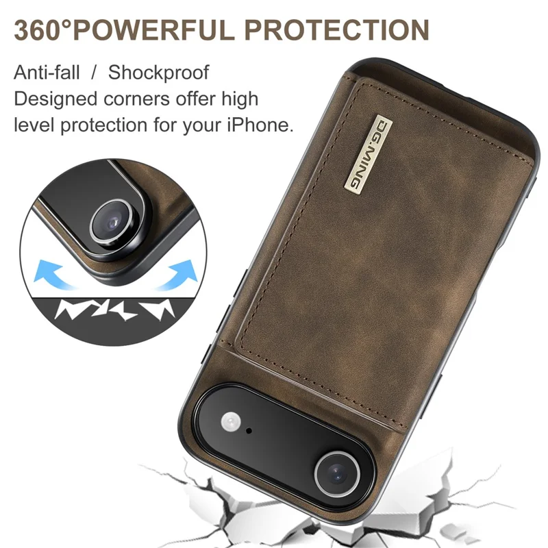 DG.MING M1 Series for iPhone Air Case Kickstand PU Phone Cover with Detachable Wallet - Coffee