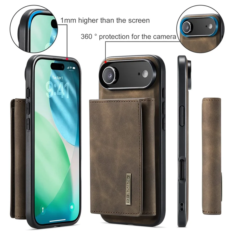 DG.MING M1 Series for iPhone Air Case Kickstand PU Phone Cover with Detachable Wallet - Coffee