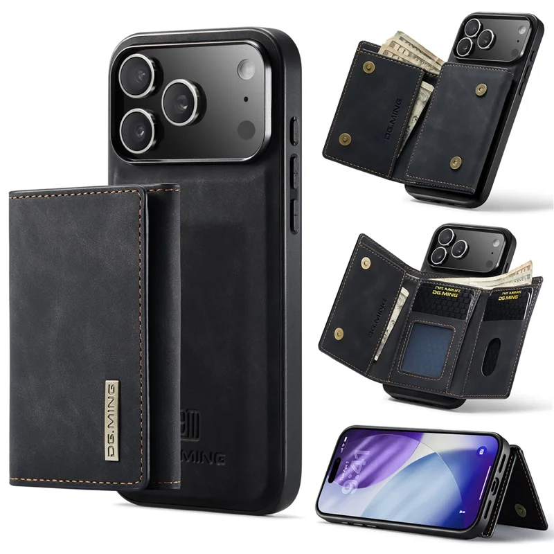 DG.MING M1 Series for iPhone 17 Pro Case Kickstand PU Phone Cover with Detachable Wallet - Black