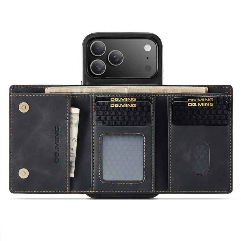 DG.MING M1 Series for iPhone 17 Pro Case Kickstand PU Phone Cover with Detachable Wallet - Black