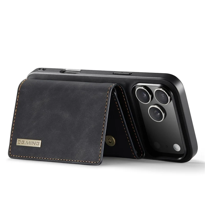 DG.MING M1 Series for iPhone 17 Pro Case Kickstand PU Phone Cover with Detachable Wallet - Black