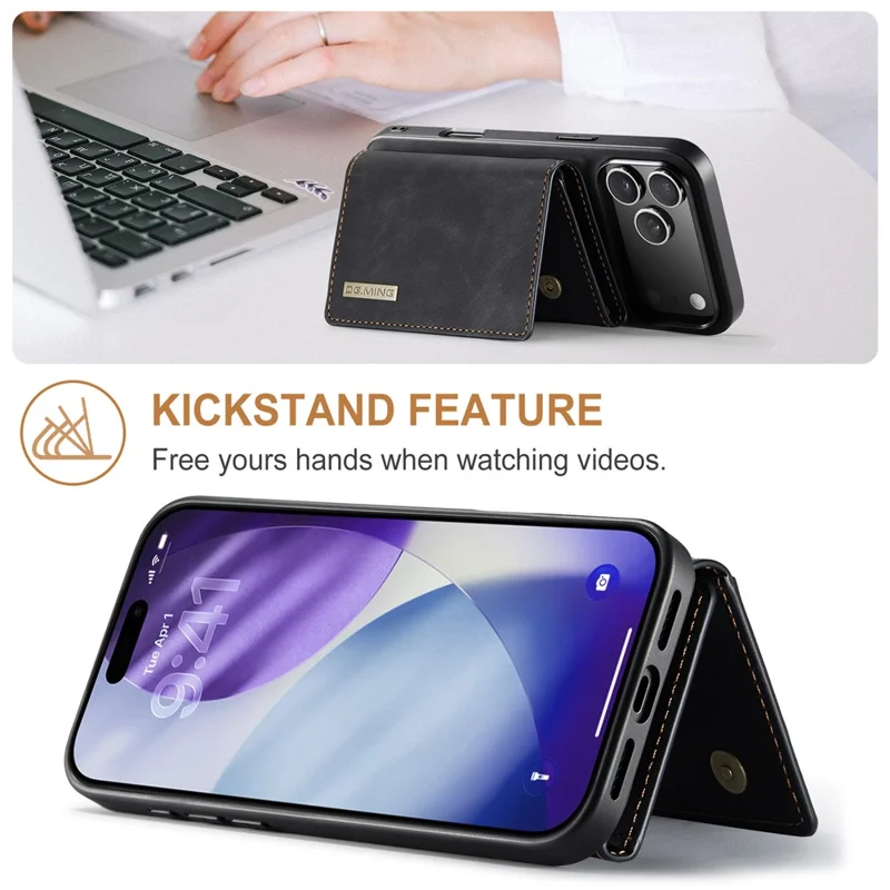 DG.MING M1 Series for iPhone 17 Pro Case Kickstand PU Phone Cover with Detachable Wallet - Black