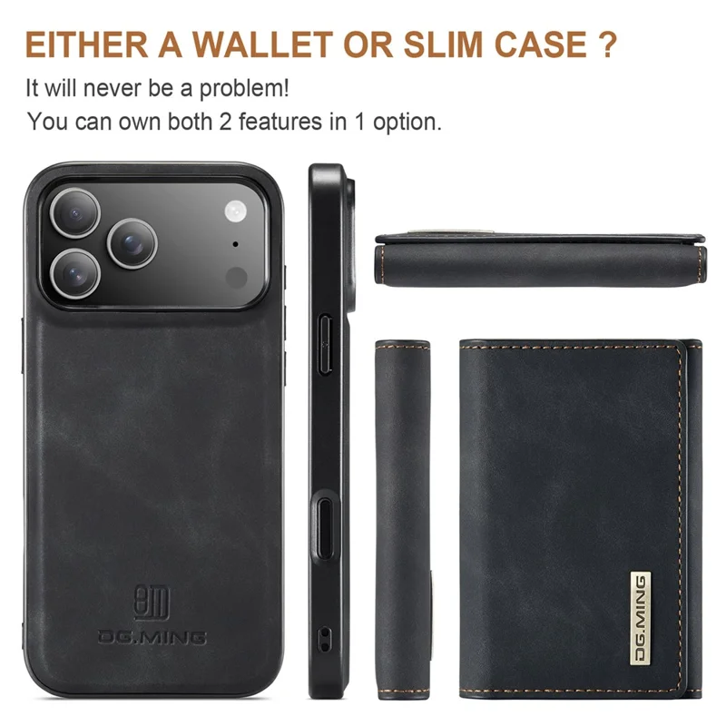 DG.MING M1 Series for iPhone 17 Pro Case Kickstand PU Phone Cover with Detachable Wallet - Black