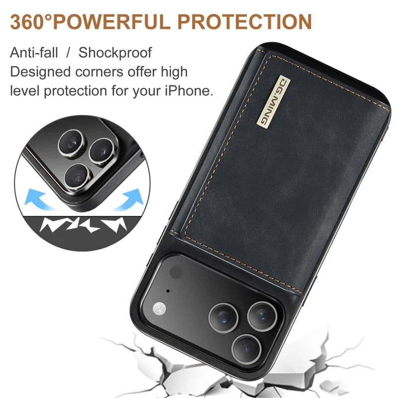 DG.MING M1 Series for iPhone 17 Pro Case Kickstand PU Phone Cover with Detachable Wallet - Black