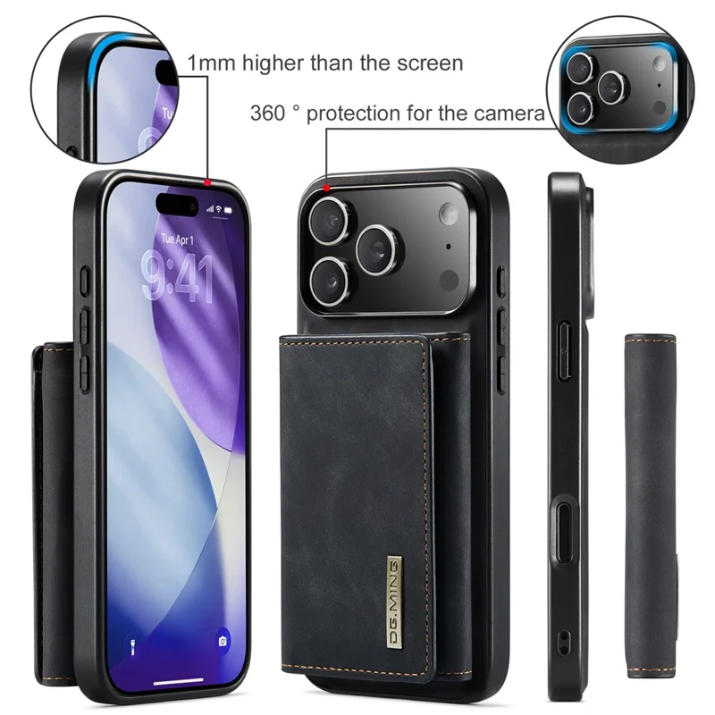 Capa DG.MING Série M1 para iPhone 17 Pro Max com Suporte de Apoio em Couro Sintético e Carteira Removível - Preto