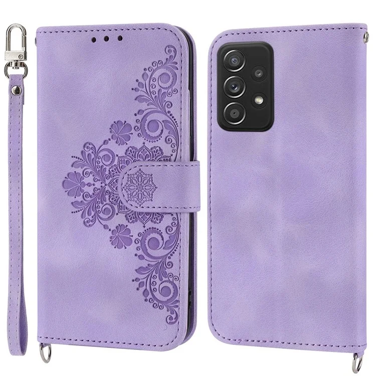 Für Samsung Galaxy A72 4G / 5G Geprägte Blumen stoßfeste Handyhülle Skin-Touch PU-Leder Ständer Kartenfach Flip Wallet Cover mit Handschlaufe und Schultergurt - Hellviolett