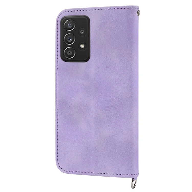 Für Samsung Galaxy A72 4G / 5G Geprägte Blumen stoßfeste Handyhülle Skin-Touch PU-Leder Ständer Kartenfach Flip Wallet Cover mit Handschlaufe und Schultergurt - Hellviolett