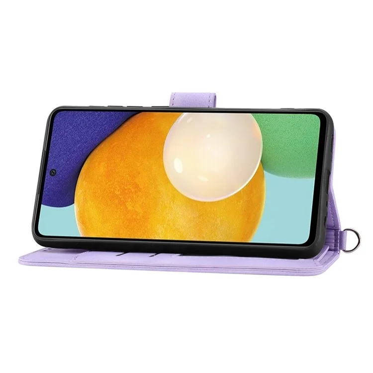 Für Samsung Galaxy A72 4G / 5G Geprägte Blumen stoßfeste Handyhülle Skin-Touch PU-Leder Ständer Kartenfach Flip Wallet Cover mit Handschlaufe und Schultergurt - Hellviolett