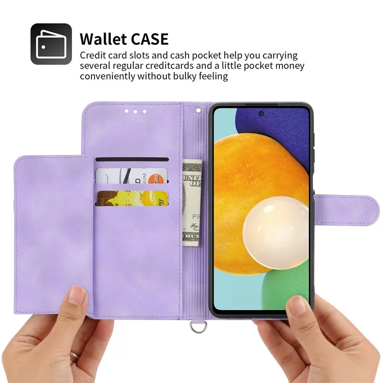 Für Samsung Galaxy A72 4G / 5G Geprägte Blumen stoßfeste Handyhülle Skin-Touch PU-Leder Ständer Kartenfach Flip Wallet Cover mit Handschlaufe und Schultergurt - Hellviolett