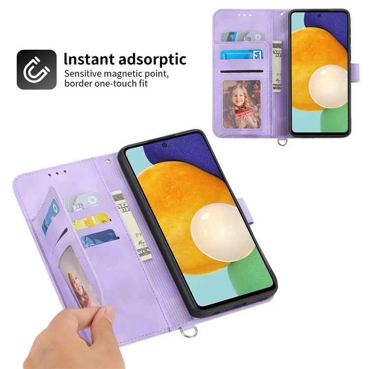 Für Samsung Galaxy A72 4G / 5G Geprägte Blumen stoßfeste Handyhülle Skin-Touch PU-Leder Ständer Kartenfach Flip Wallet Cover mit Handschlaufe und Schultergurt - Hellviolett