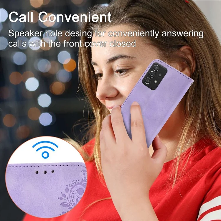 Für Samsung Galaxy A72 4G / 5G Geprägte Blumen stoßfeste Handyhülle Skin-Touch PU-Leder Ständer Kartenfach Flip Wallet Cover mit Handschlaufe und Schultergurt - Hellviolett