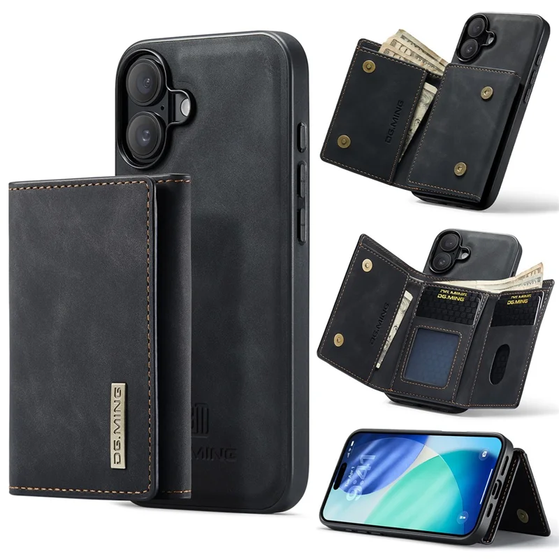 DG.MING Série M1 pour Étui iPhone 17 avec Support et Portefeuille Amovible en Cuir - Noir