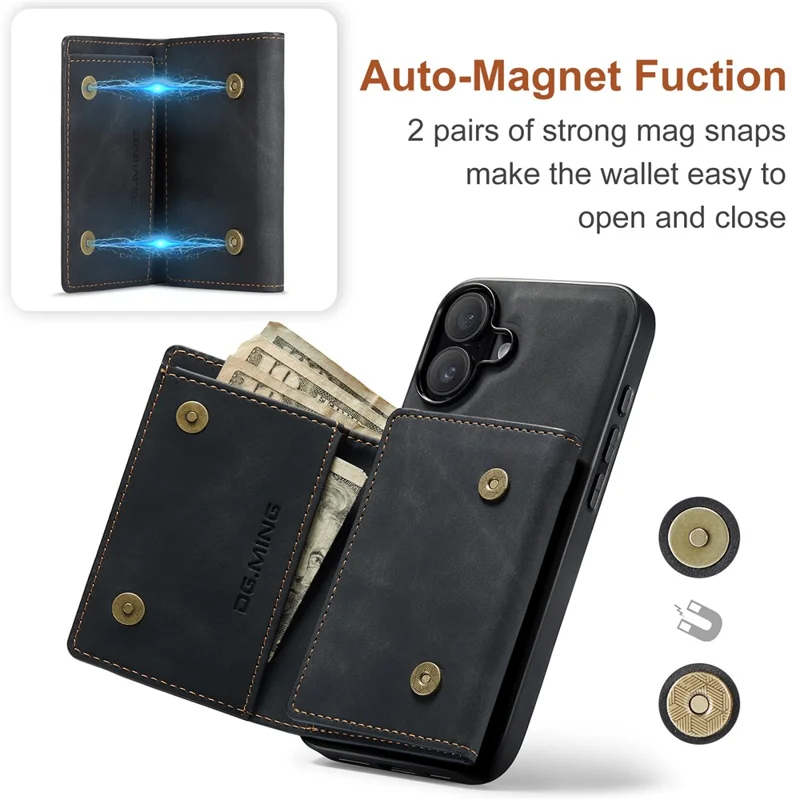DG.MING Série M1 pour Étui iPhone 17 avec Support et Portefeuille Amovible en Cuir - Noir