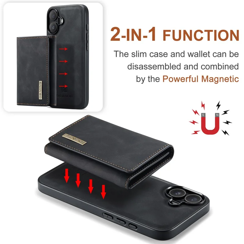 DG.MING Série M1 pour Étui iPhone 17 avec Support et Portefeuille Amovible en Cuir - Noir