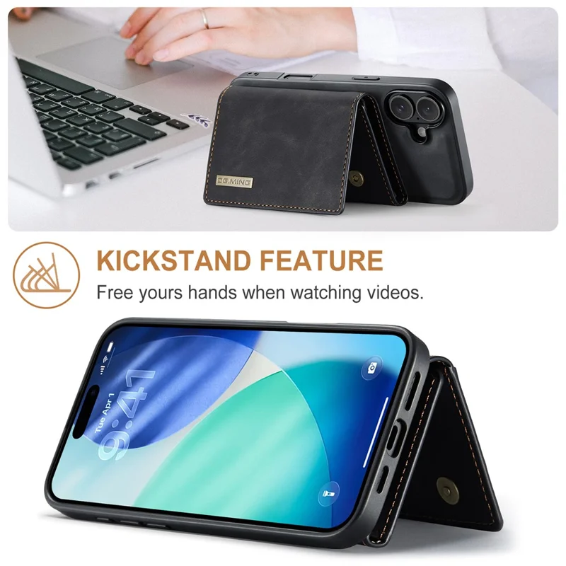 DG.MING Série M1 pour Étui iPhone 17 avec Support et Portefeuille Amovible en Cuir - Noir