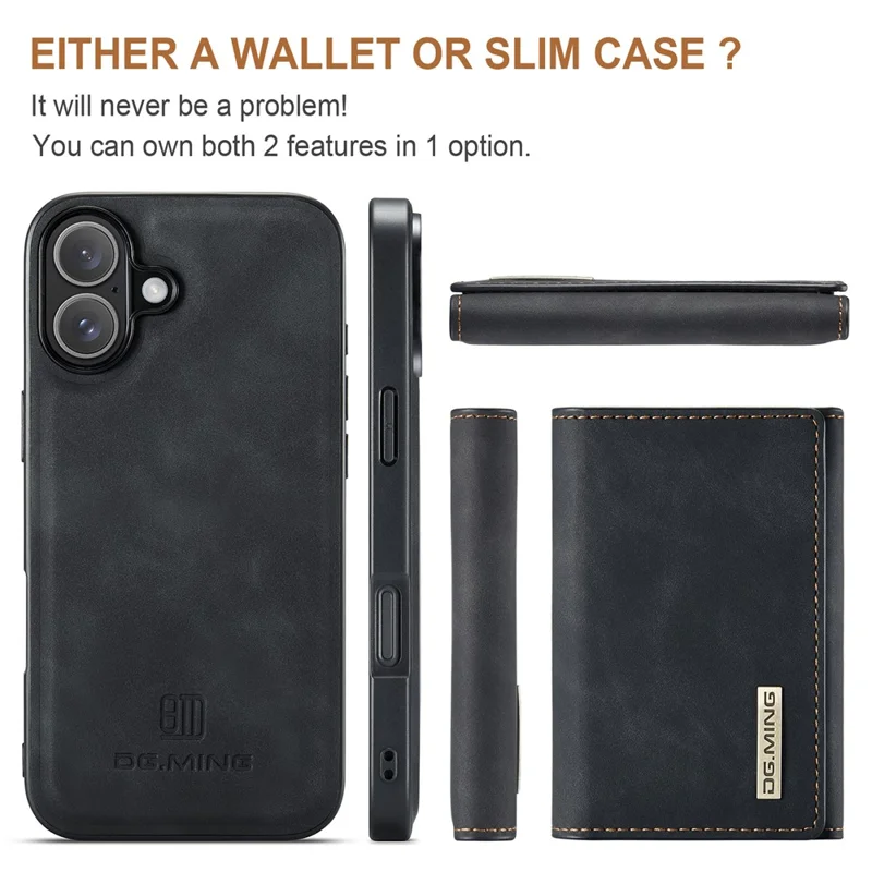 DG.MING Série M1 pour Étui iPhone 17 avec Support et Portefeuille Amovible en Cuir - Noir