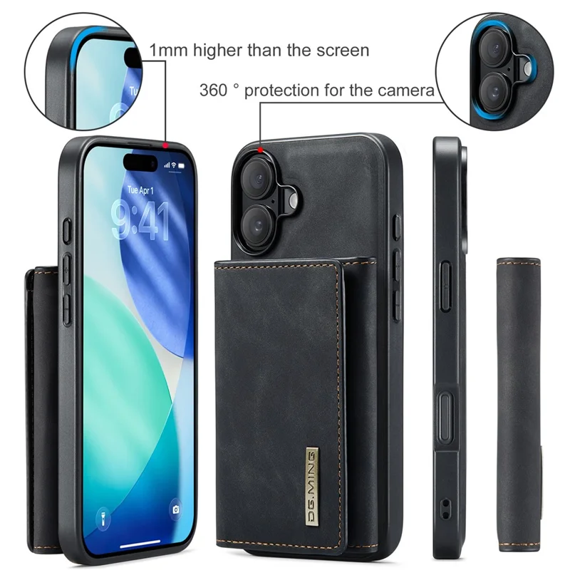 DG.MING Série M1 pour Étui iPhone 17 avec Support et Portefeuille Amovible en Cuir - Noir
