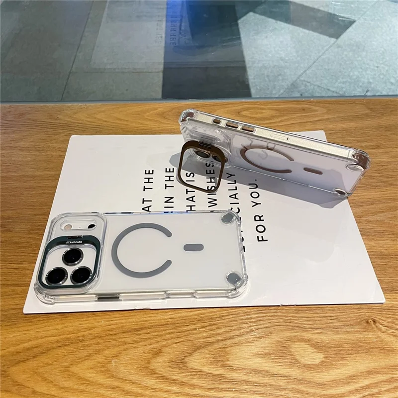 For iPhone 17 Pro Max Magnetic Case TPU PC Clear Kickstand Phone Cover with Tempered Glass Lens Films - Black