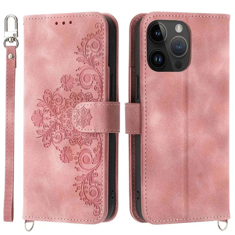 For iPhone 13 Pro Max 6.7 inch Imprinted Flowers Wallet Case Skin-touch PU Leather Handbag Flip Stand Phone Cover with Wrist Strap and Shoulder Strap - Pink