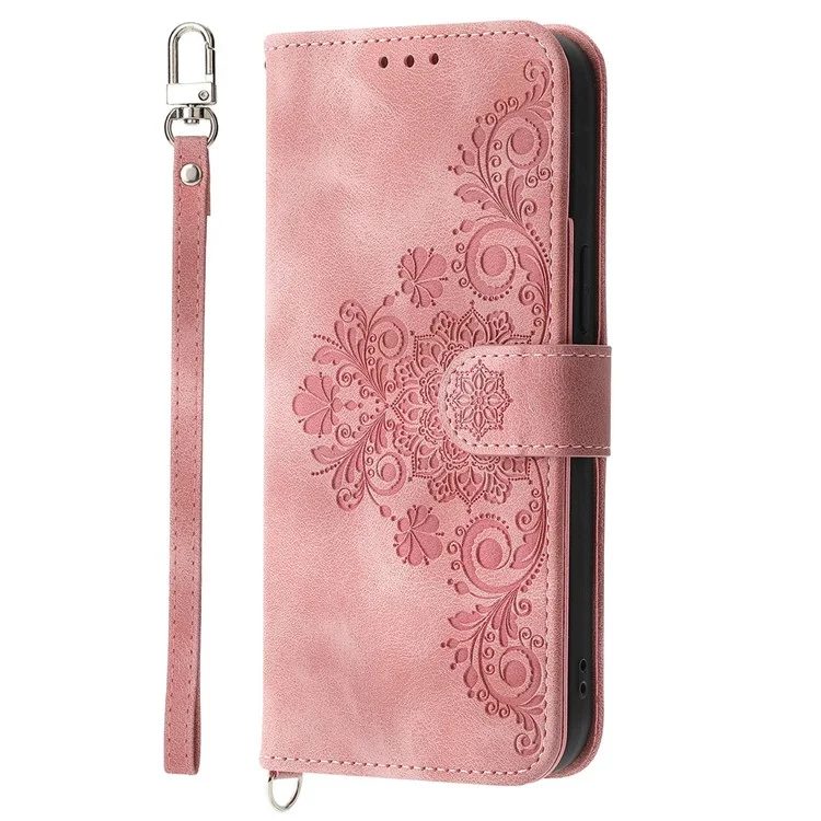 For iPhone 13 Pro Max 6.7 inch Imprinted Flowers Wallet Case Skin-touch PU Leather Handbag Flip Stand Phone Cover with Wrist Strap and Shoulder Strap - Pink
