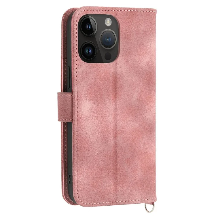 For iPhone 13 Pro Max 6.7 inch Imprinted Flowers Wallet Case Skin-touch PU Leather Handbag Flip Stand Phone Cover with Wrist Strap and Shoulder Strap - Pink