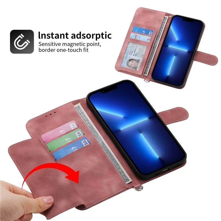 For iPhone 13 Pro Max 6.7 inch Imprinted Flowers Wallet Case Skin-touch PU Leather Handbag Flip Stand Phone Cover with Wrist Strap and Shoulder Strap - Pink