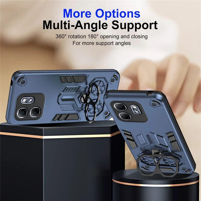 For Infinix Hot 50i 4G Case Ring Holder Kickstand PC + TPU Shockproof Phone Cover - Navy Blue