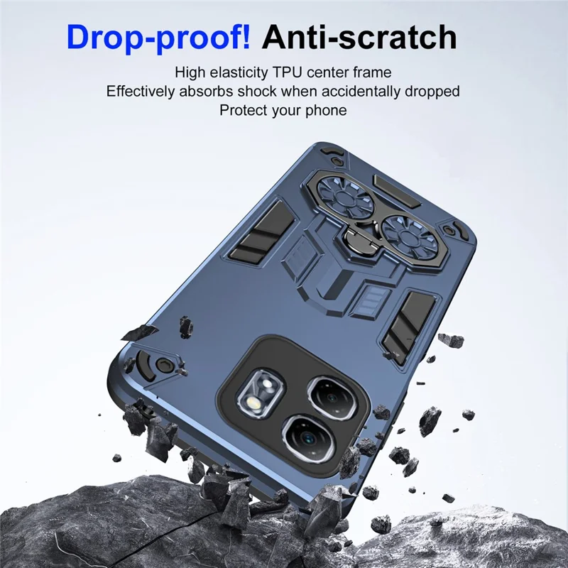 For Infinix Hot 50i 4G Case Ring Holder Kickstand PC + TPU Shockproof Phone Cover - Navy Blue