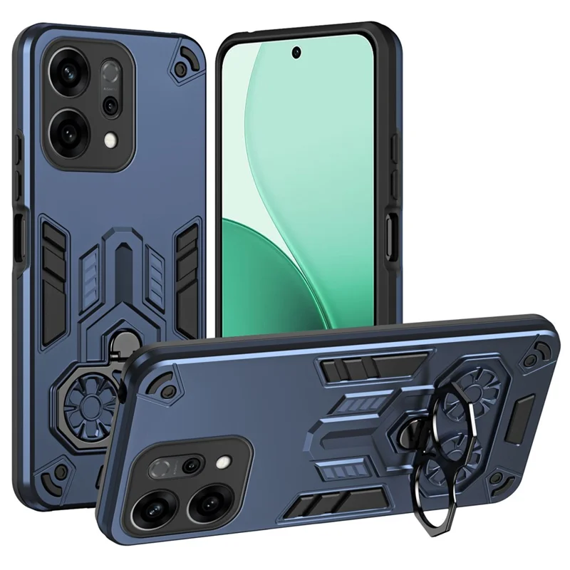 For Oppo Reno14 5G (Global) Case Ring Holder Kickstand PC + TPU Shockproof Phone Cover - Navy Blue