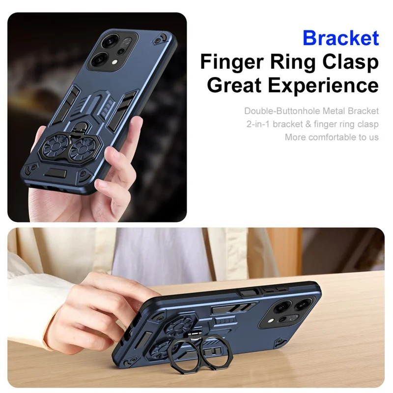 For Oppo Reno14 5G (Global) Case Ring Holder Kickstand PC + TPU Shockproof Phone Cover - Navy Blue
