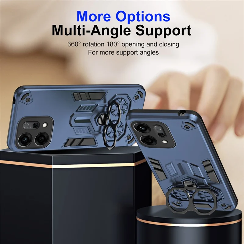 For Oppo Reno14 5G (Global) Case Ring Holder Kickstand PC + TPU Shockproof Phone Cover - Navy Blue