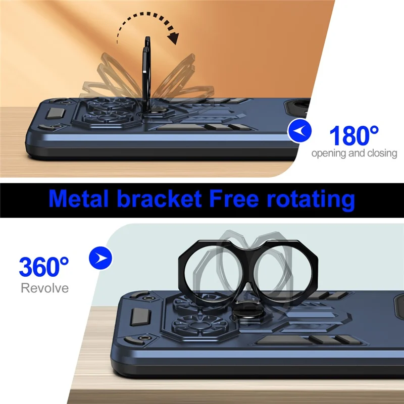 For Oppo Reno14 5G (Global) Case Ring Holder Kickstand PC + TPU Shockproof Phone Cover - Navy Blue