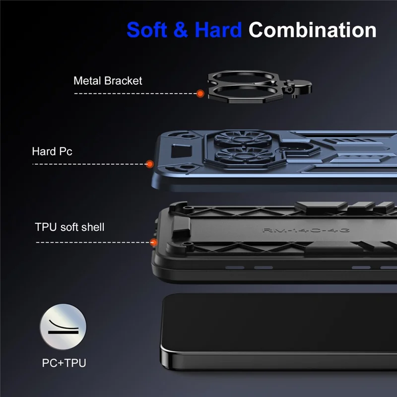 For Oppo Reno14 5G (Global) Case Ring Holder Kickstand PC + TPU Shockproof Phone Cover - Navy Blue