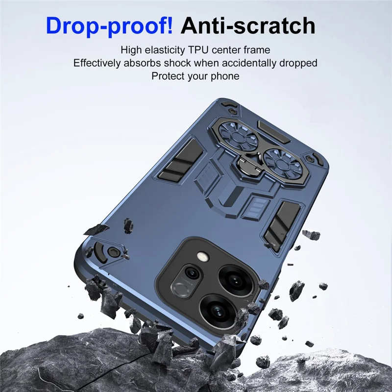 For Oppo Reno14 5G (Global) Case Ring Holder Kickstand PC + TPU Shockproof Phone Cover - Navy Blue